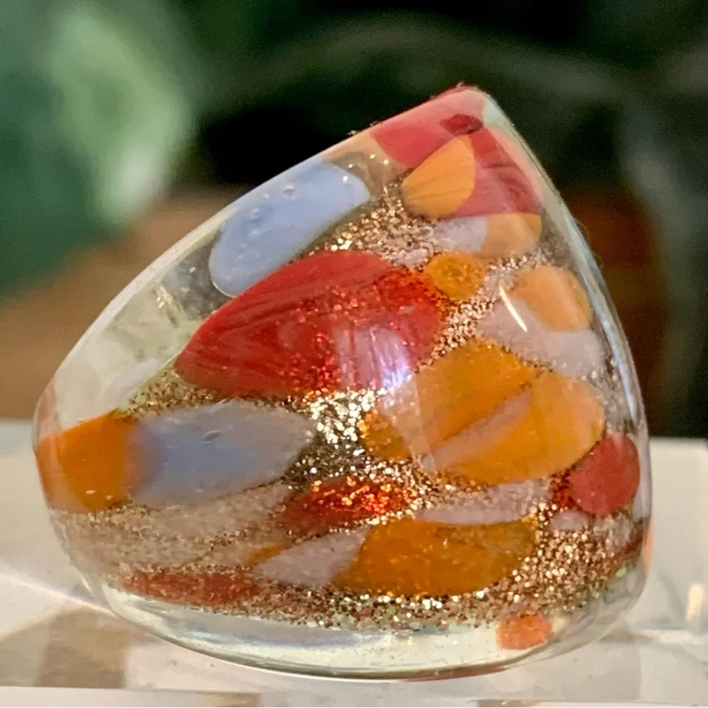 Vintage Murano Style Art Glass Hand Blown Lampwork Confetti Dome Ring Size 7